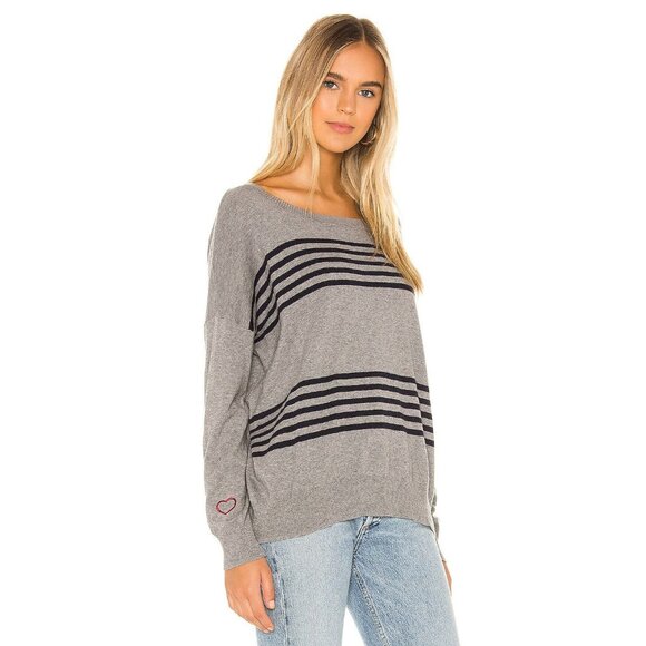 Chaser Heather Grey & Navy Stripe Cashmere Blend Sweater - Picture 2 of 8